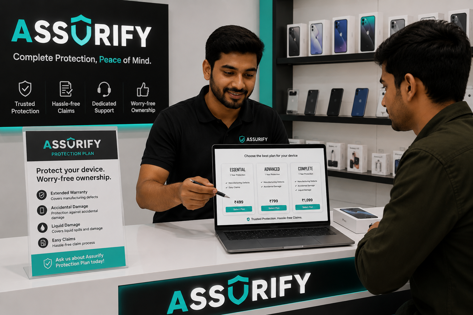 Assurify staff member explaining protection plan options to a customer at a retail billing counter